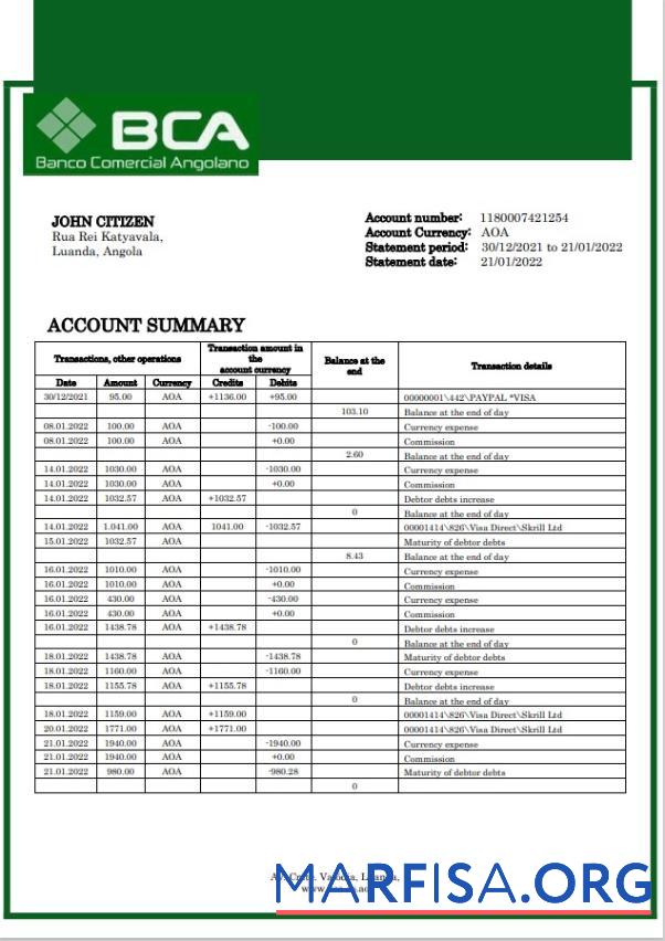 Blank Angola Banco Comercial Angolano bank statement real example